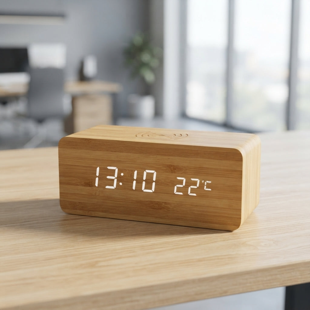 Wooden LED Digital Clock with Wireless Charging - lifestyle desk shot - Meru Trophy corporate gifting