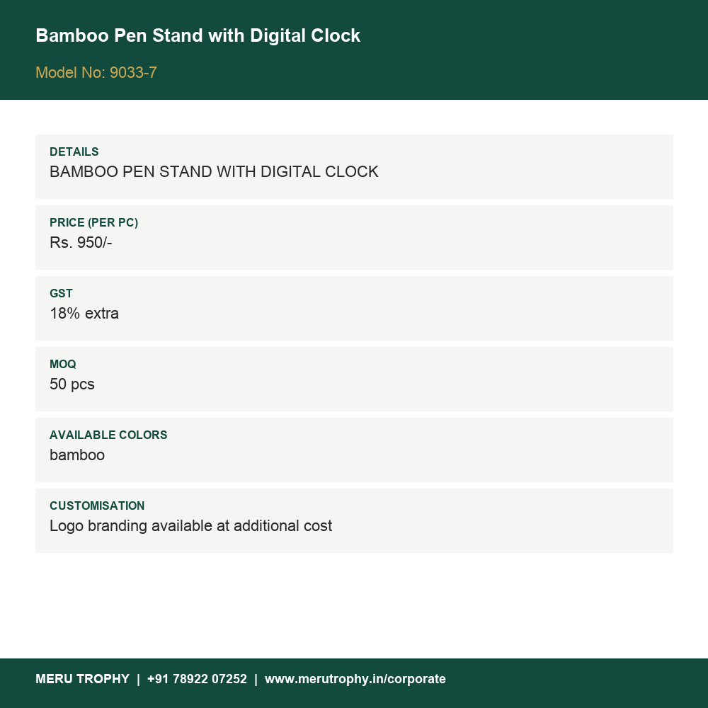 Bamboo Pen Stand with Digital Clock - product specification card - Meru Trophy corporate gifting