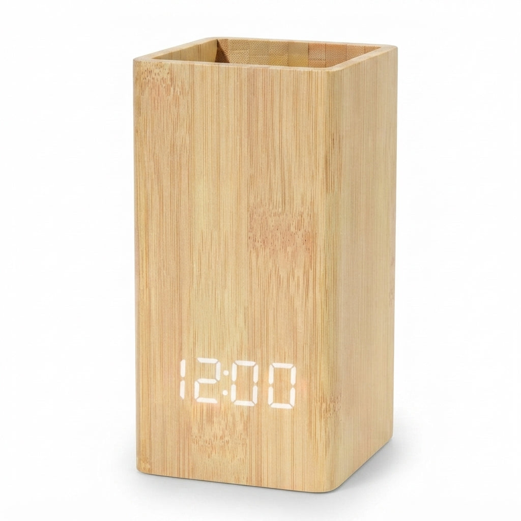 Bamboo Pen Stand with Digital Clock - Bamboo - Meru Trophy corporate gifting
