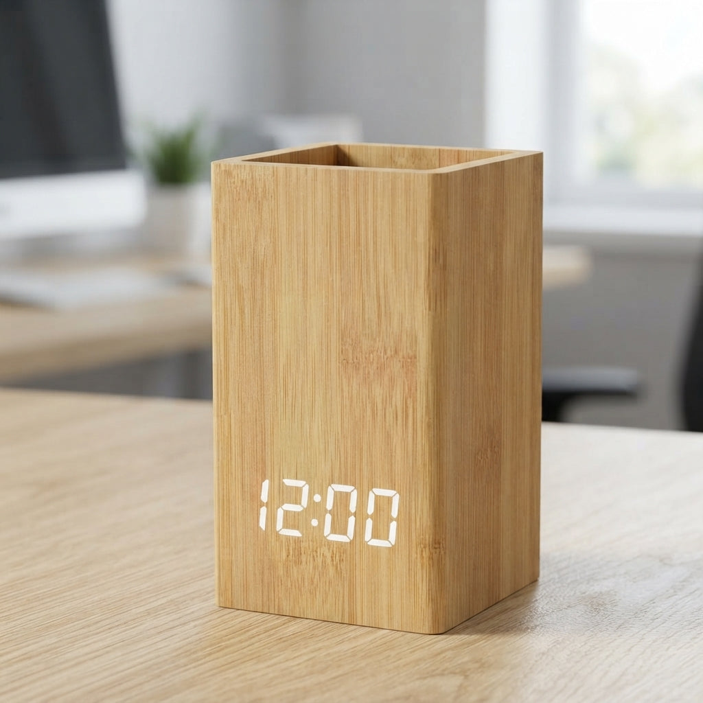 Bamboo Pen Stand with Digital Clock - lifestyle desk shot - Meru Trophy corporate gifting