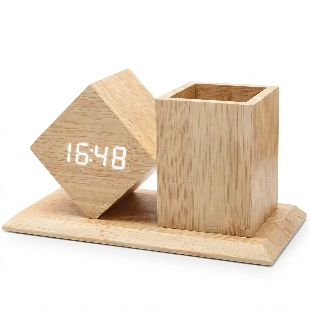Bamboo Digital Clock Cube with Pen Stand - Bamboo - Meru Trophy corporate gifting
