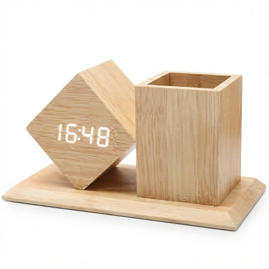 Bamboo Digital Clock Cube with Pen Stand - Bamboo - Meru Trophy corporate gifting