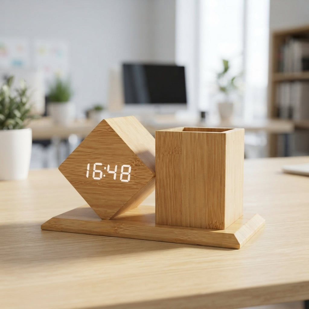 Bamboo Digital Clock Cube with Pen Stand - lifestyle desk shot - Meru Trophy corporate gifting