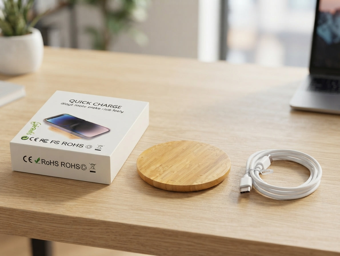 Bamboo Round Wireless Charger - lifestyle - Meru Trophy corporate gifting