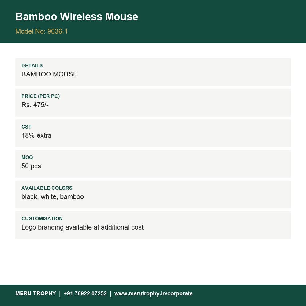 Bamboo Wireless Mouse - product detail card - Meru Trophy corporate gifting