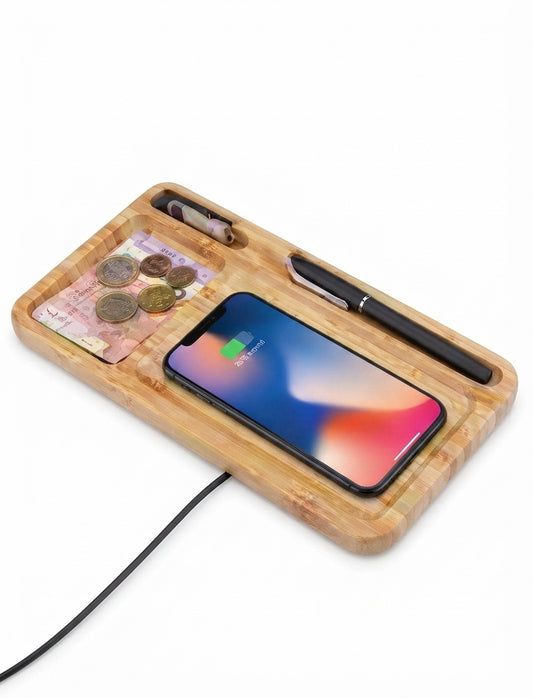 Bamboo Desktop Wireless Charger Storage Tray - Bamboo - Meru Trophy corporate gifting