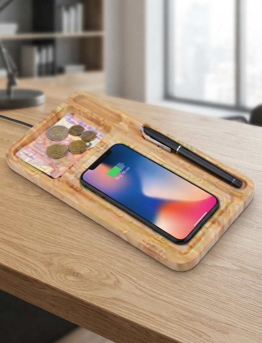 Bamboo Desktop Wireless Charger Storage Tray - lifestyle - Meru Trophy corporate gifting