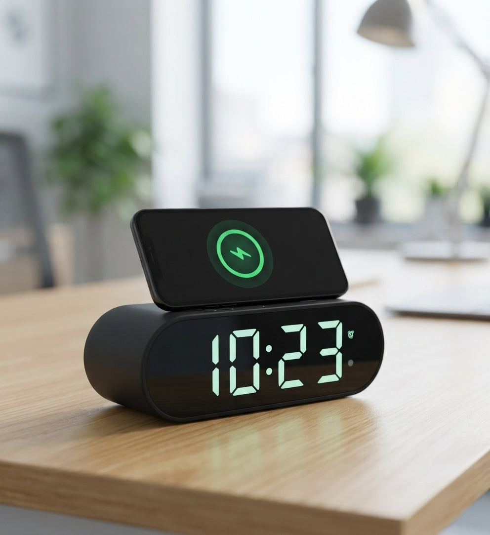 Digital Clock with Wireless Charger - lifestyle shot - Meru Trophy corporate gifting
