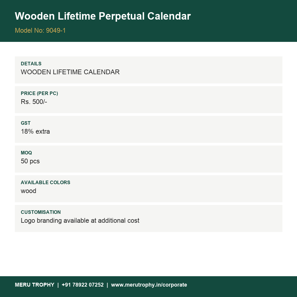Wooden Lifetime Perpetual Calendar - product detail card - Meru Trophy corporate gifting