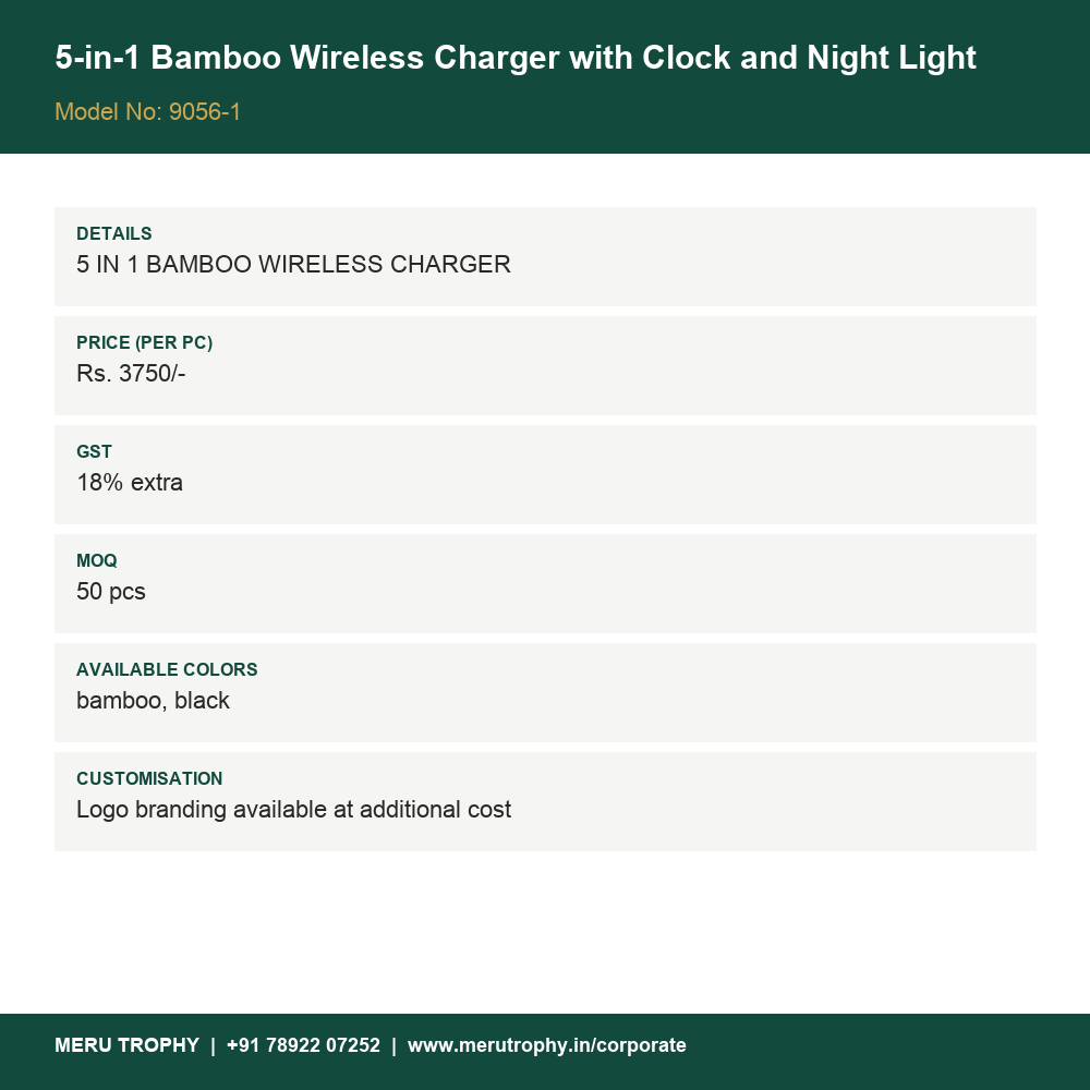 5-in-1 Bamboo Wireless Charger with Clock and Night Light - product details - Meru Trophy corporate gifting