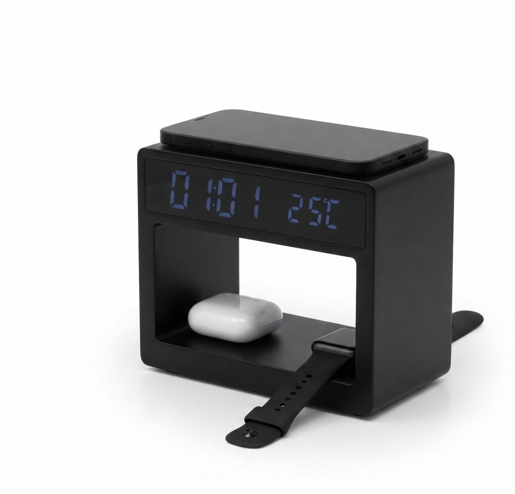 5-in-1 Bamboo Wireless Charger with Clock and Night Light - Black - Meru Trophy corporate gifting
