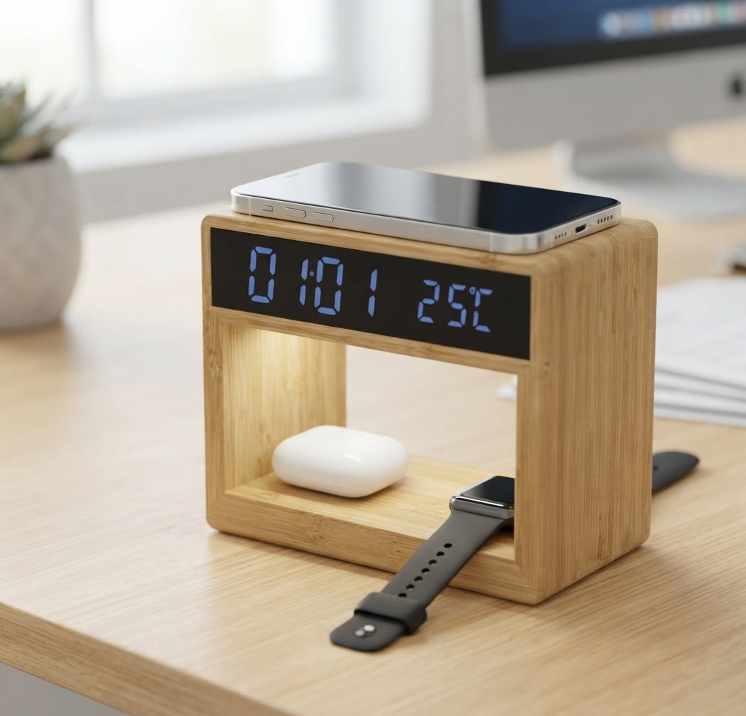 5-in-1 Bamboo Wireless Charger with Clock and Night Light - lifestyle - Meru Trophy corporate gifting