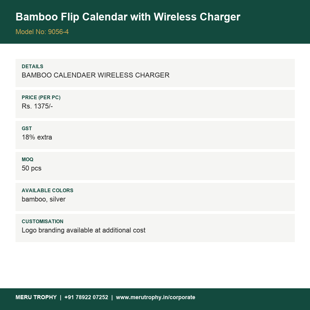 Bamboo Flip Calendar with Wireless Charger - product details - Meru Trophy corporate gifting