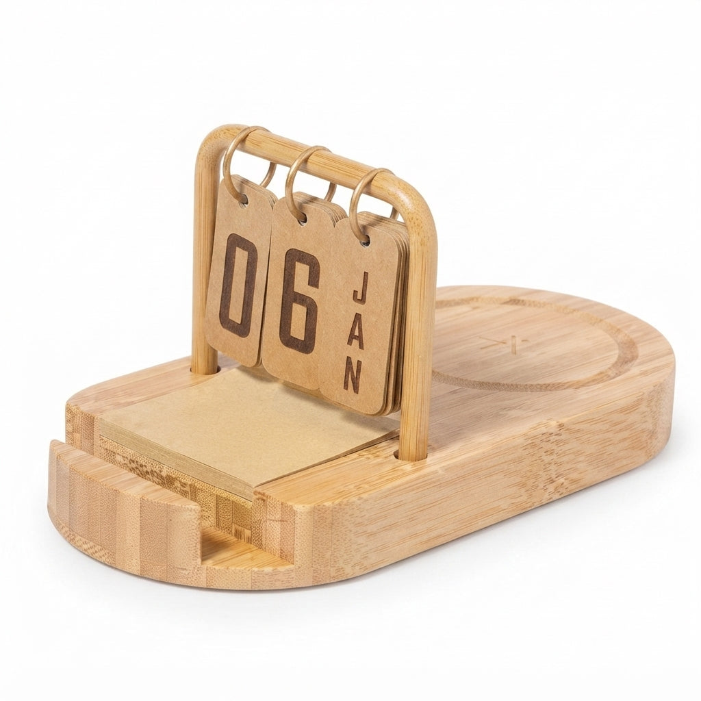 Bamboo Flip Calendar with Wireless Charger - Bamboo - Meru Trophy corporate gifting