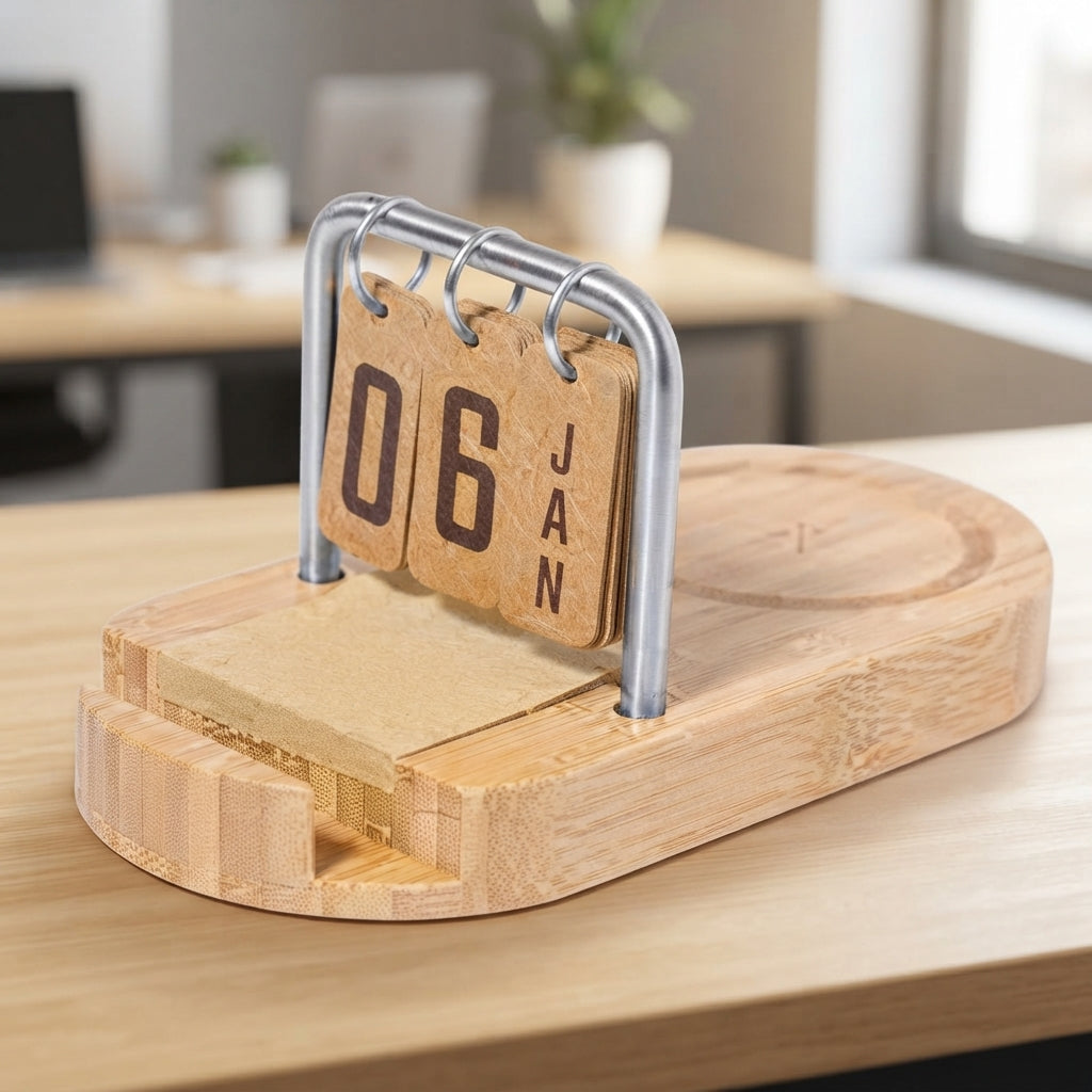 Bamboo Flip Calendar with Wireless Charger - lifestyle - Meru Trophy corporate gifting