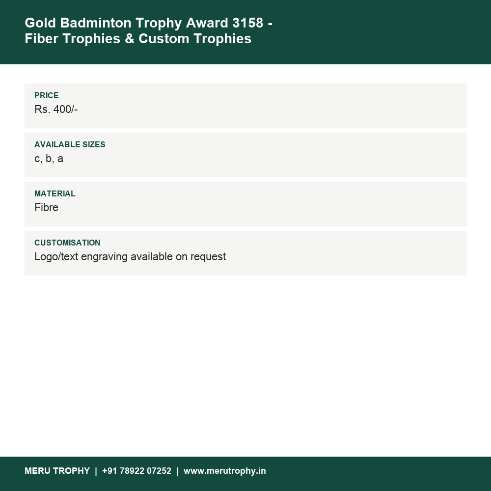 Gold Badminton Trophy Award 3158 details - Meru Trophy
