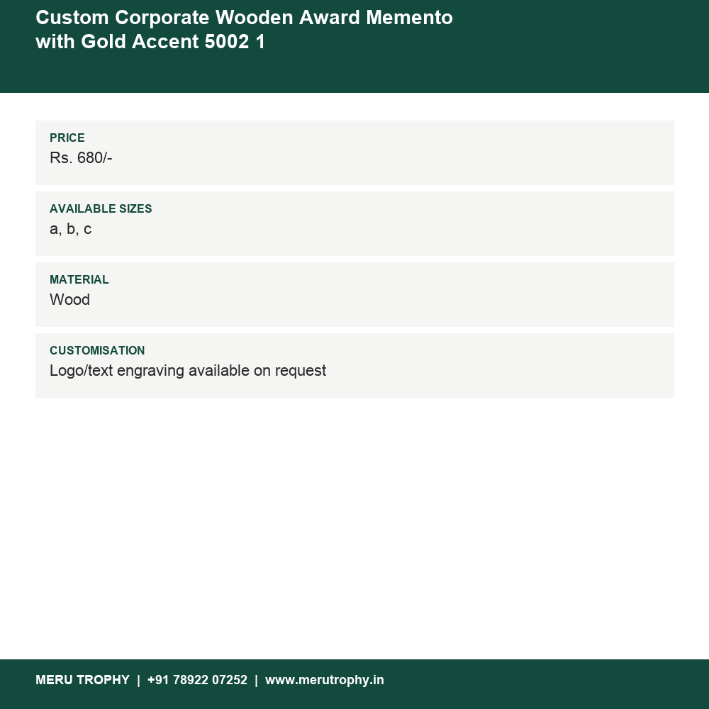 Custom Corporate Wooden Award Memento with Gold Accent 5002 1 details - Meru Trophy