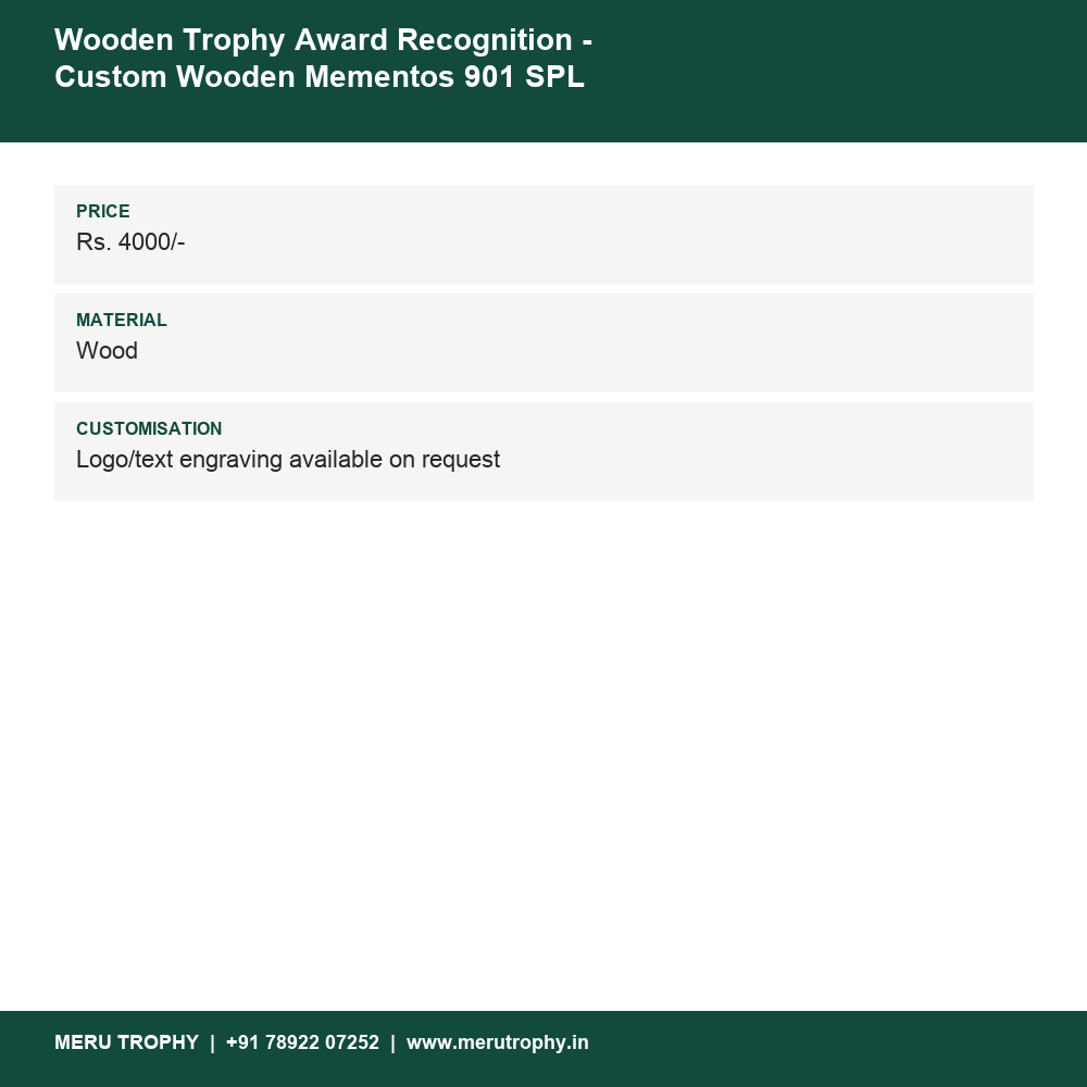 Wooden Trophy Award Recognition - Custom Wooden Mementos 901 SPL details - Meru Trophy