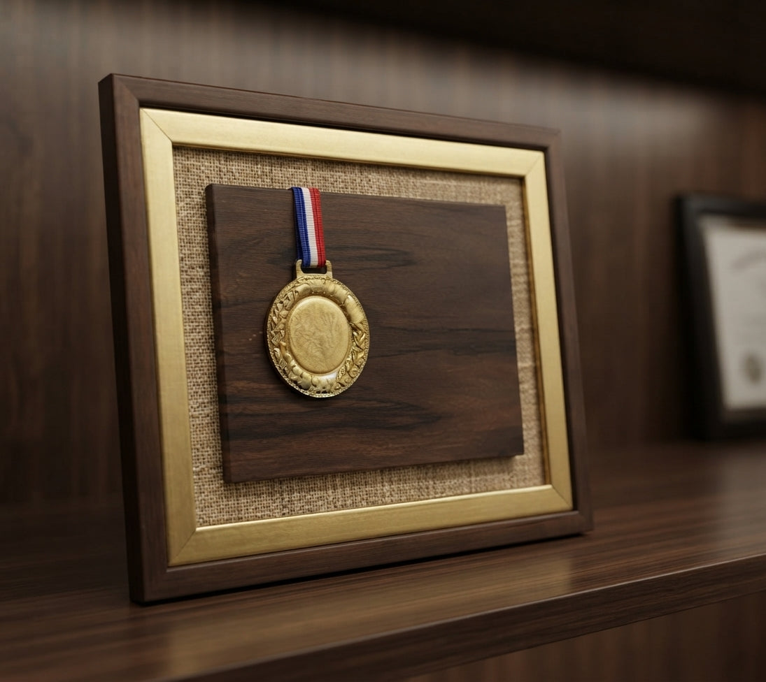 Gold Medal Wooden Memento Award - Custom Recognition Award CP 95 alternate view - Meru Trophy