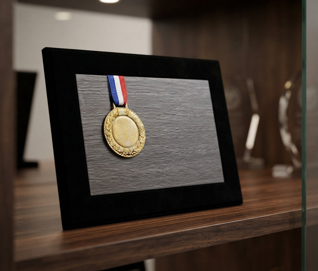 Wooden Memento with Gold Medal and Ribbon - Custom Wooden Awards & Trophies CP 94 alternate view - Meru Trophy
