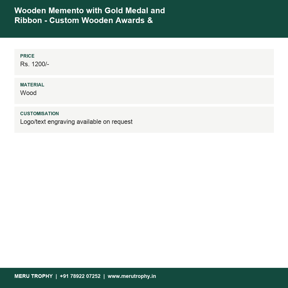 Wooden Memento with Gold Medal and Ribbon - Custom Wooden Awards & Trophies CP 94 details - Meru Trophy
