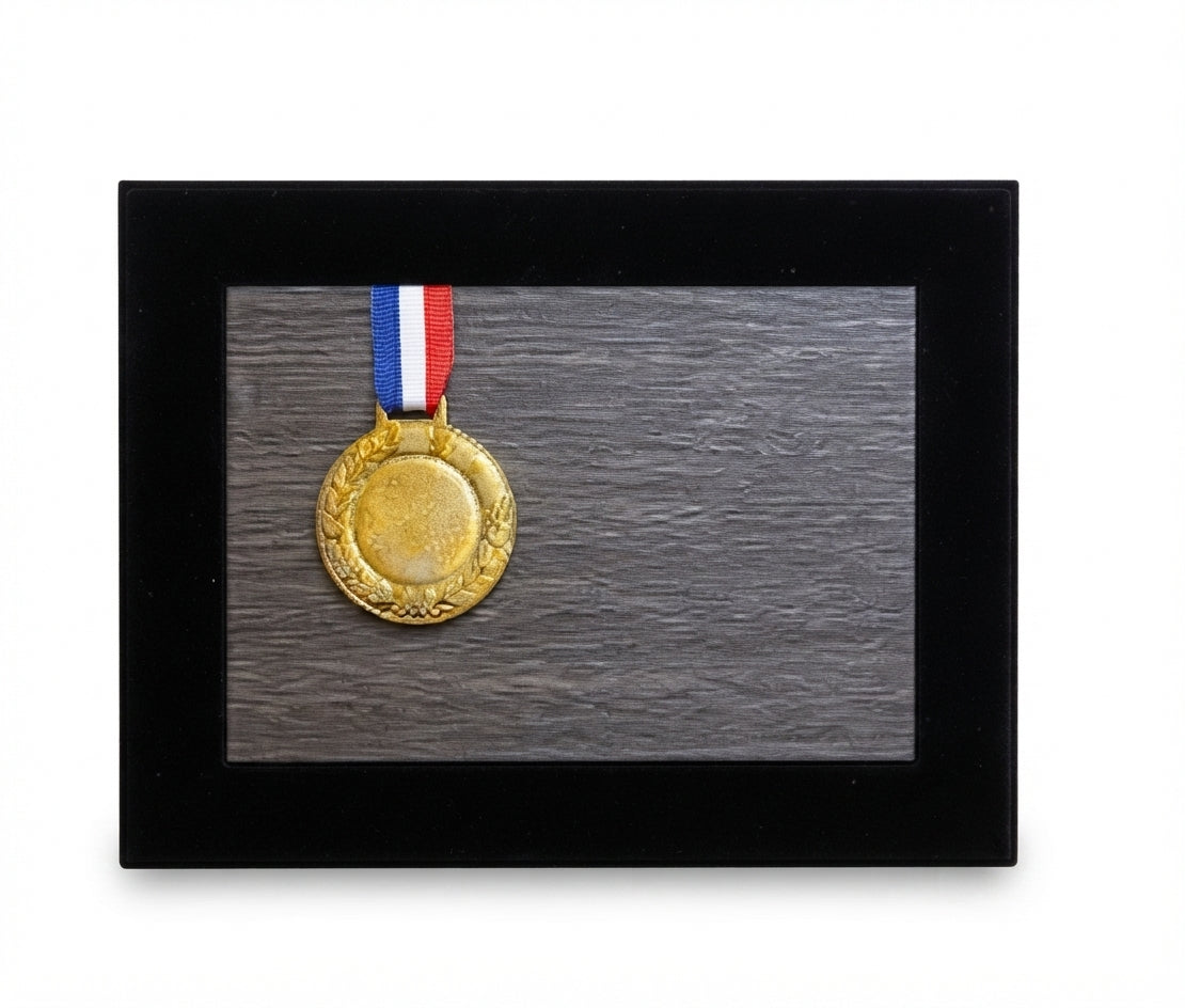 Wooden Memento with Gold Medal and Ribbon - Custom Wooden Awards & Trophies CP 94 - Meru Trophy