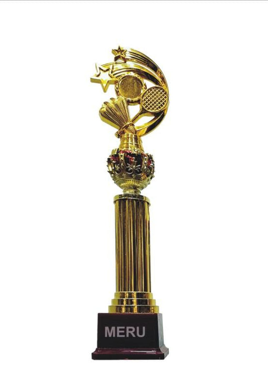 Gold badminton trophy award featuring a racket and shuttlecock; perfect for sports recognition.