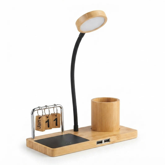 Bamboo Desk Lamp with Pen Holder and Calendar - Bamboo - Meru Trophy corporate gifting
