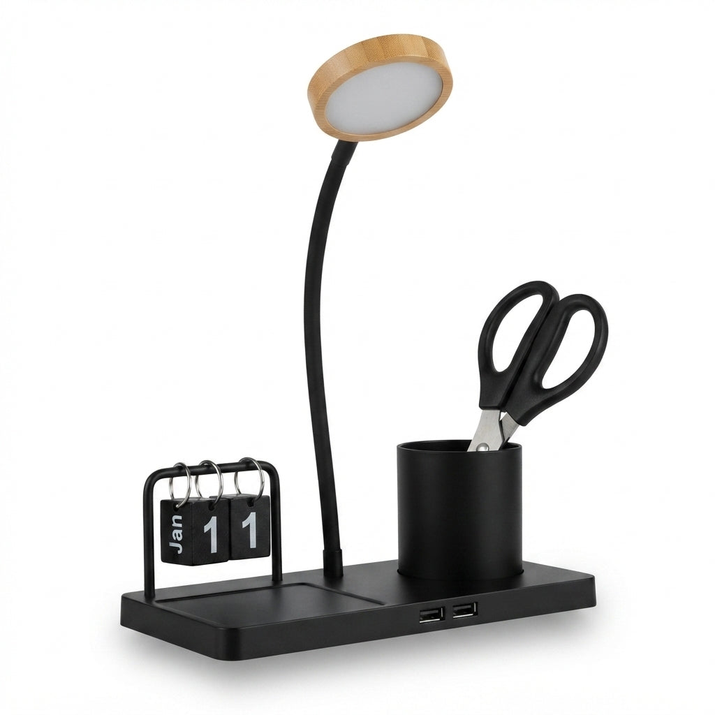 Bamboo Desk Lamp with Pen Holder and Calendar - Black - Meru Trophy corporate gifting