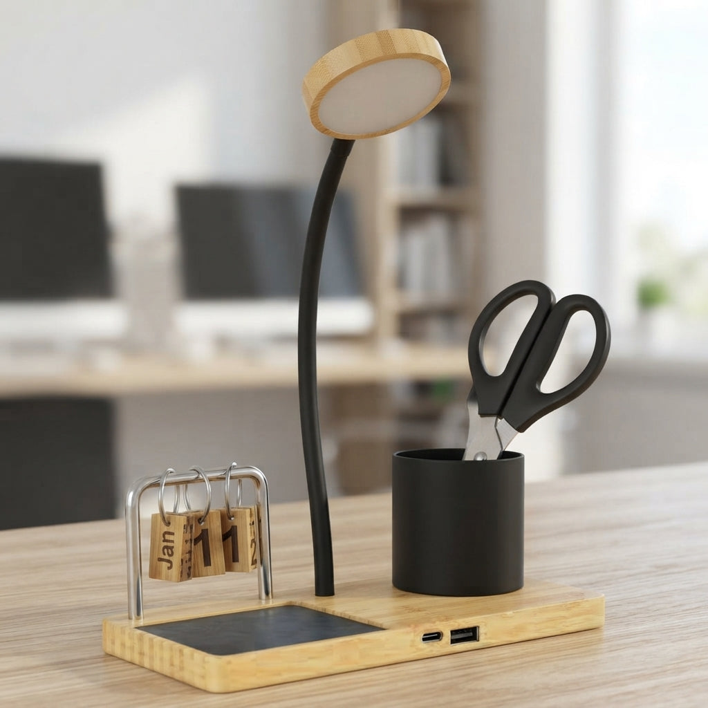 Bamboo Desk Lamp with Pen Holder and Calendar - lifestyle - Meru Trophy corporate gifting