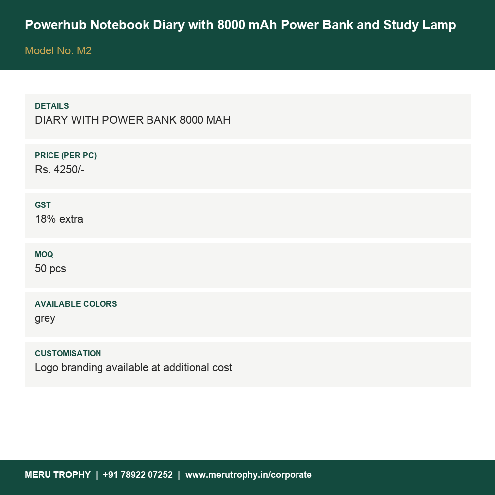 Powerhub Notebook Diary with 8000 mAh Power Bank and Study Lamp - spec card - Meru Trophy corporate gifting