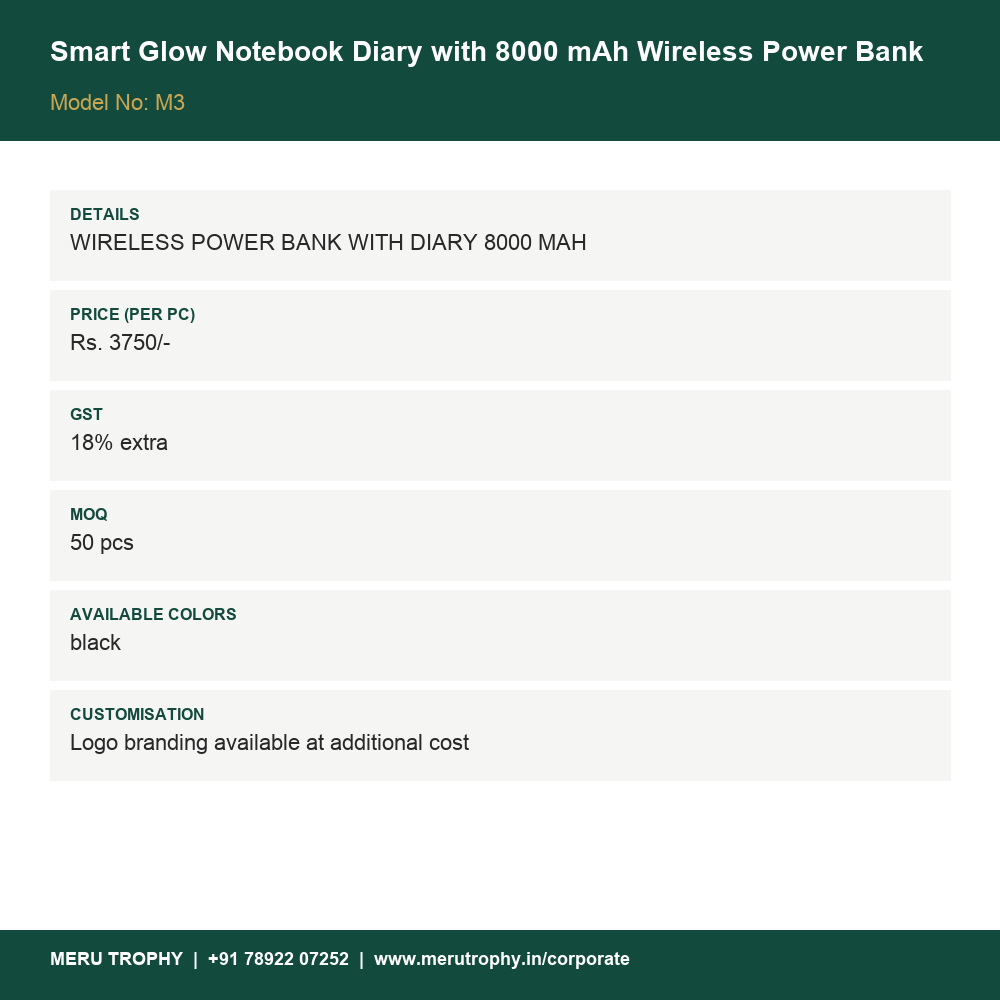 Smart Glow Notebook Diary with 8000 mAh Wireless Power Bank - spec card - Meru Trophy corporate gifting