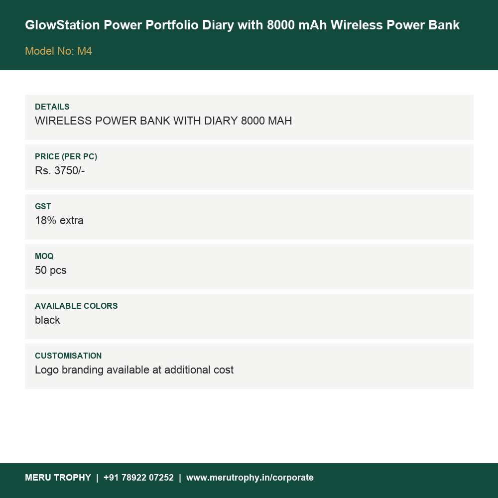 GlowStation Power Portfolio Diary with 8000 mAh Wireless Power Bank - spec card - Meru Trophy corporate gifting