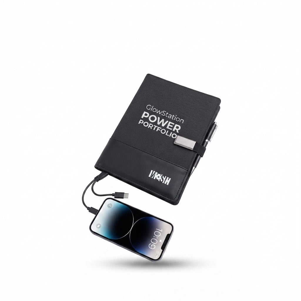 GlowStation Power Portfolio Diary with 8000 mAh Wireless Power Bank - Black - Meru Trophy corporate gifting