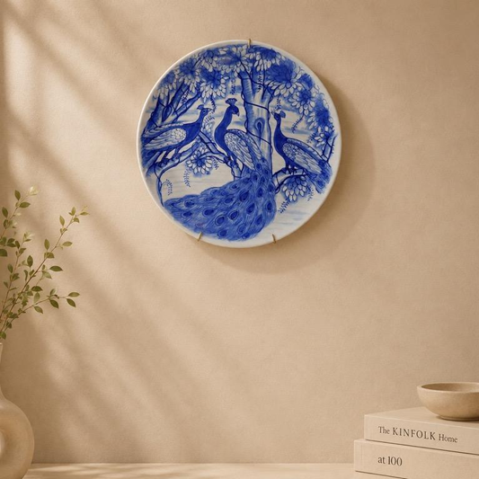 Neel Mor, handcrafted Blue Pottery peacock art plate