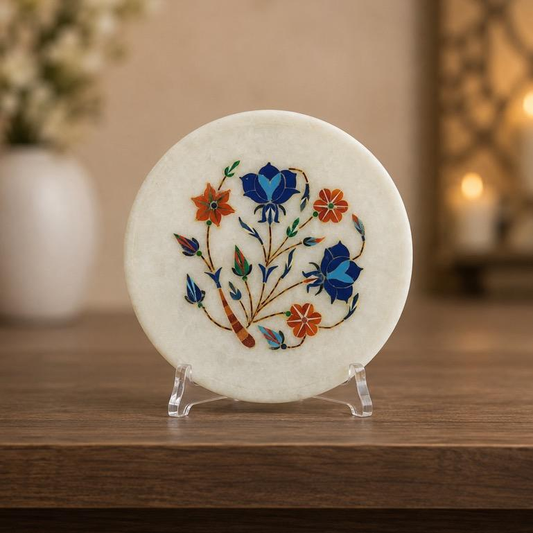 Pietra Dura Marble Inlay Floral Art Plate, handcrafted Marble Inlay