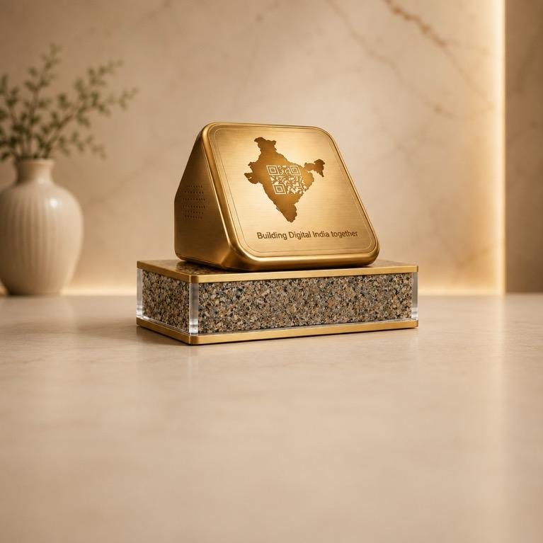 Naad Digital India Trophy, handcrafted metal craft on stone base