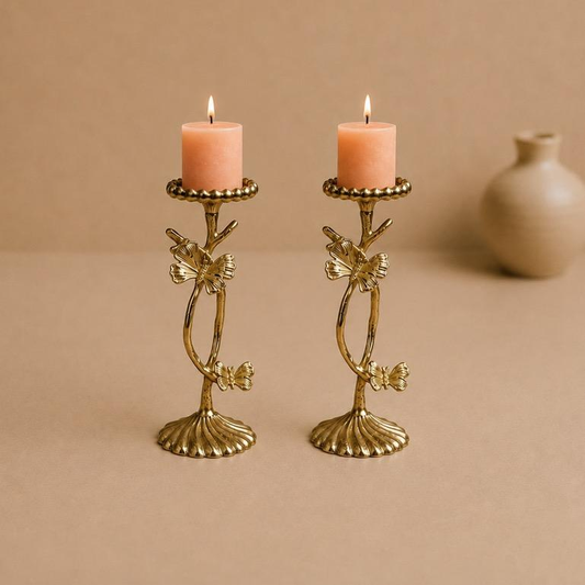 Titli Deepstambh butterfly vine candlestick pair, handcrafted metal craft