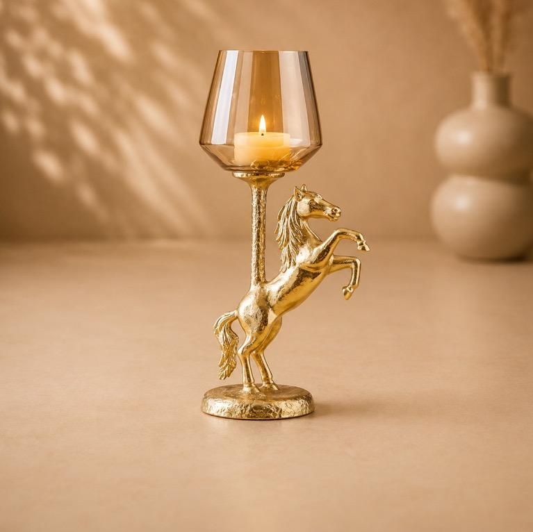 Ashwa Deepstambh rearing horse glass candle stand, handcrafted metal craft