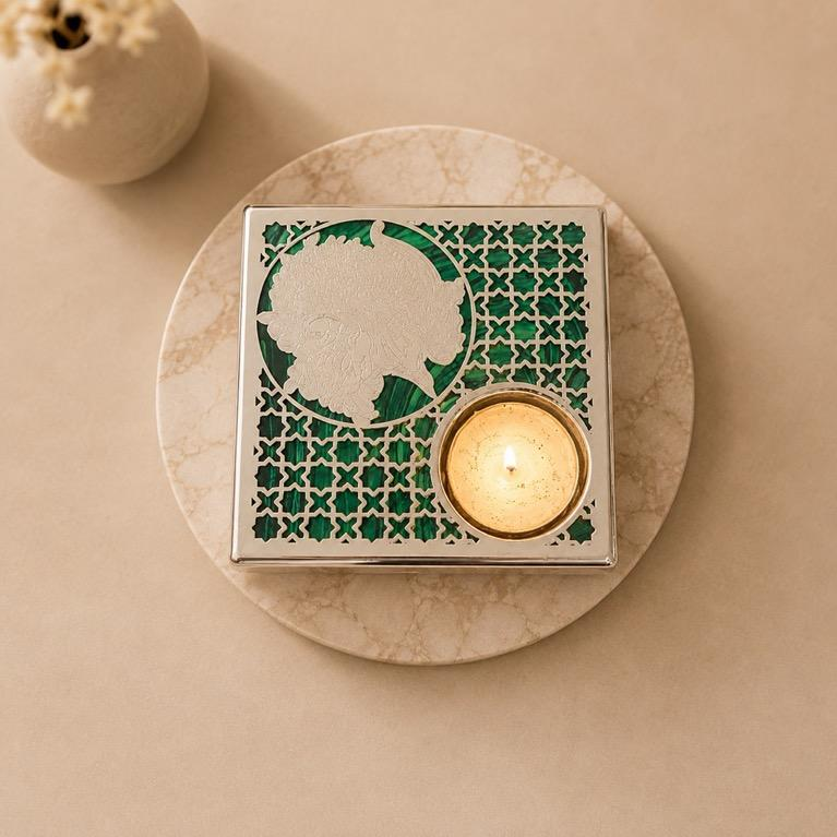 Rajat Deepika Stand Malachite Jaali Tealight Tray, handcrafted metal craft