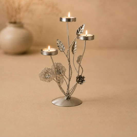Vriksha Floral Branch Triple Tealight Stand, handcrafted metal craft