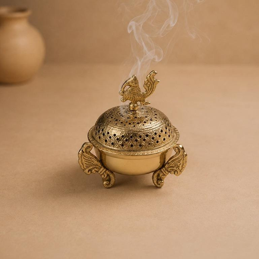 Dhoop Manjari Brass Footed Incense Burner, handcrafted brass metal craft