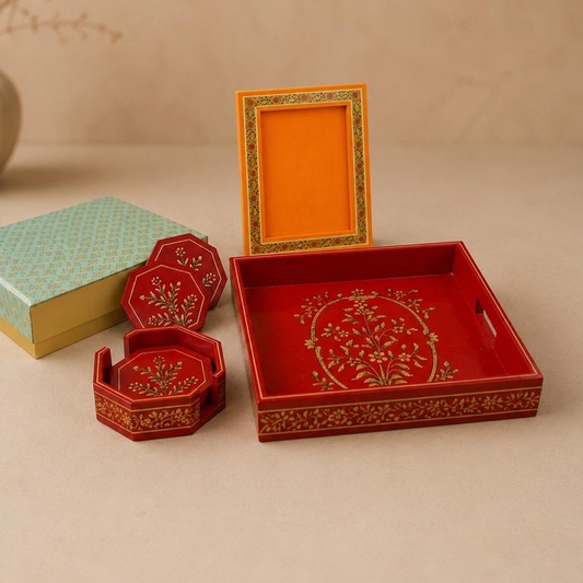 Kishangarh Griha Hand-Painted Tray, Coaster and Frame Set, handcrafted Kishangarh painting