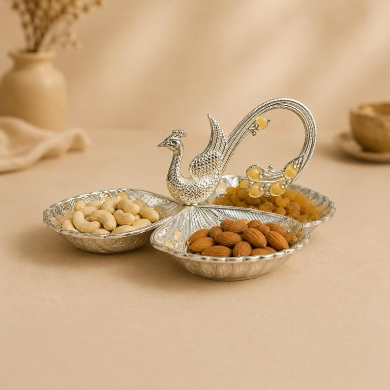 Mayur Serveware Peacock Three-Bowl Platter, handcrafted metal craft
