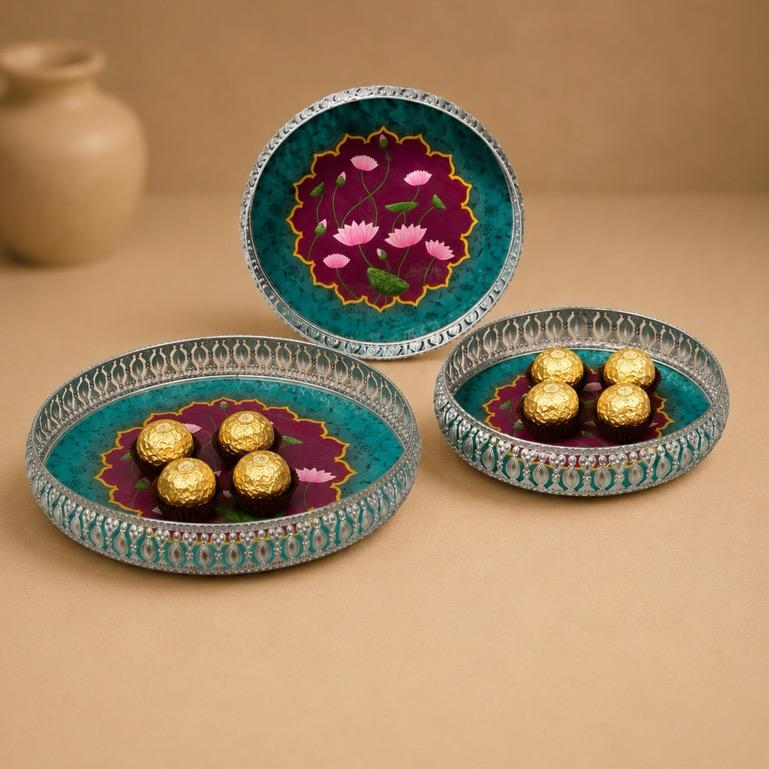 Pichwai Bhoj Hand-Painted Serving Trays, handcrafted metal craft