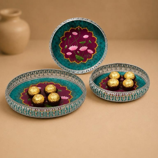 Pichwai Bhoj Hand-Painted Serving Trays, handcrafted metal craft
