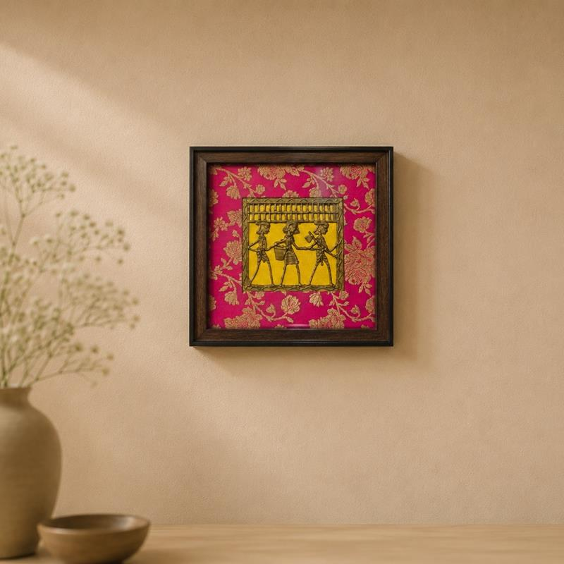 Dhokra and Banaras Brocade Framed Panel, handcrafted Dhokra (Chhattisgarh)