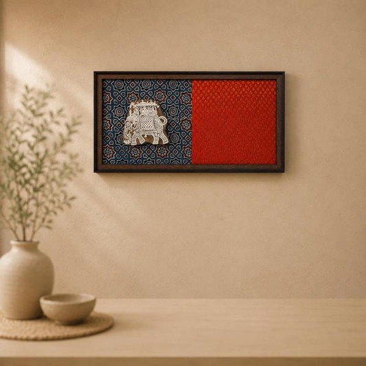 Milaap Gajraj Elephant Ajrakh Brocade Panel, handcrafted Wooden Block Print (Farrukhabad)