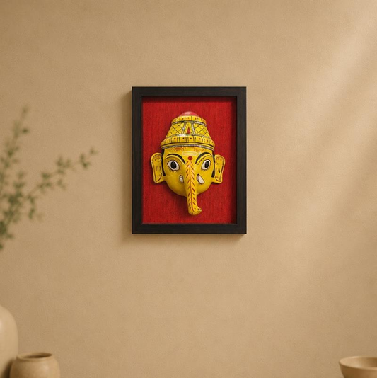Cheriyal Ganapati Mask With Silk Backdrop, handcrafted Cheriyal (Telangana)