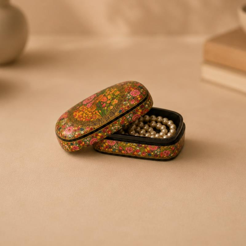 Kashmiri Papier Mache Oval Box, handcrafted Kashmiri papier mache